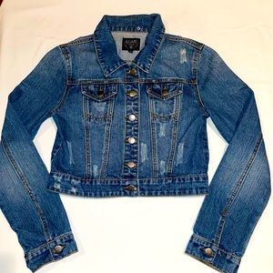 Love Culture Woman’s Denim Blue Jean Distressed Crop Jacket.